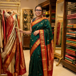 Royal Bottle Green & Crimson Red Banarasi Silk Saree